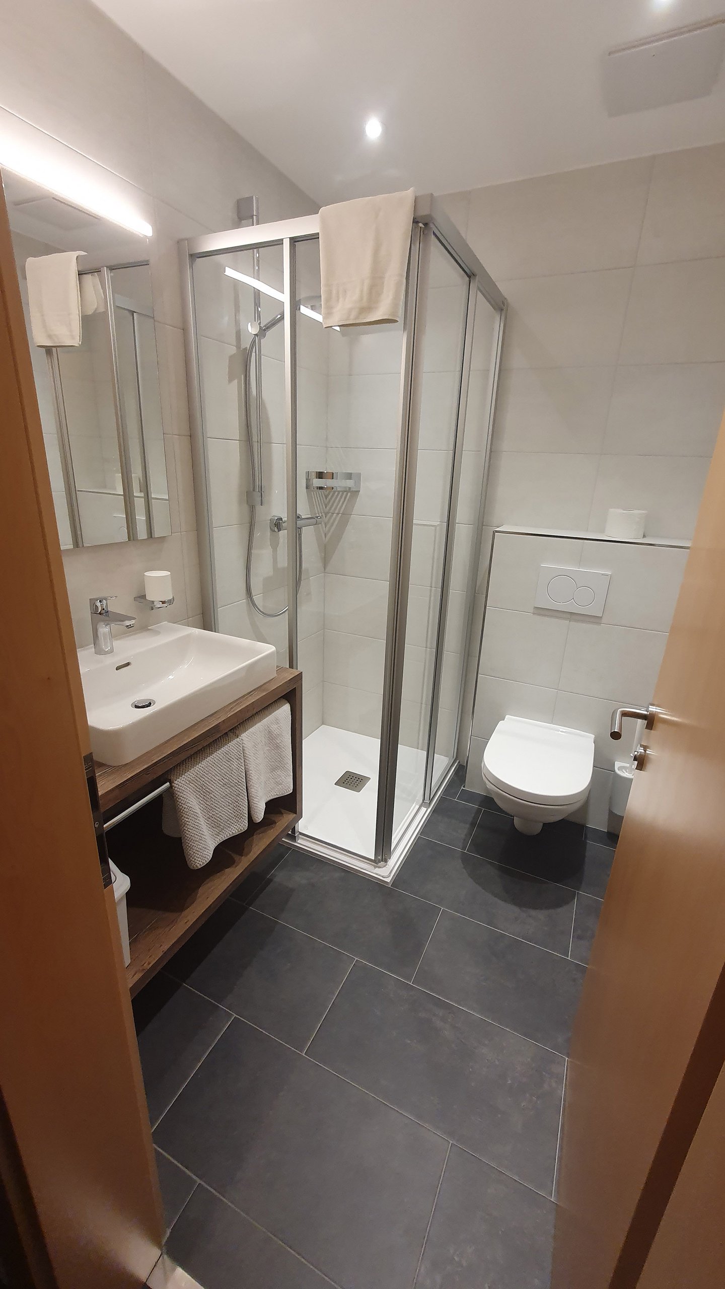 Badezimmer mit Duschkabine und WC im Hotel Dorfblick